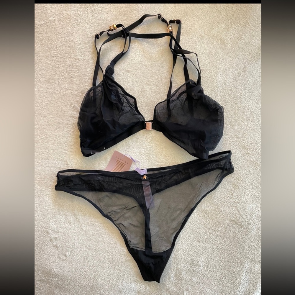 Savage X Fenty, Gathered Mesh Strappy Bralette & mesh thong, black caviar, 3X